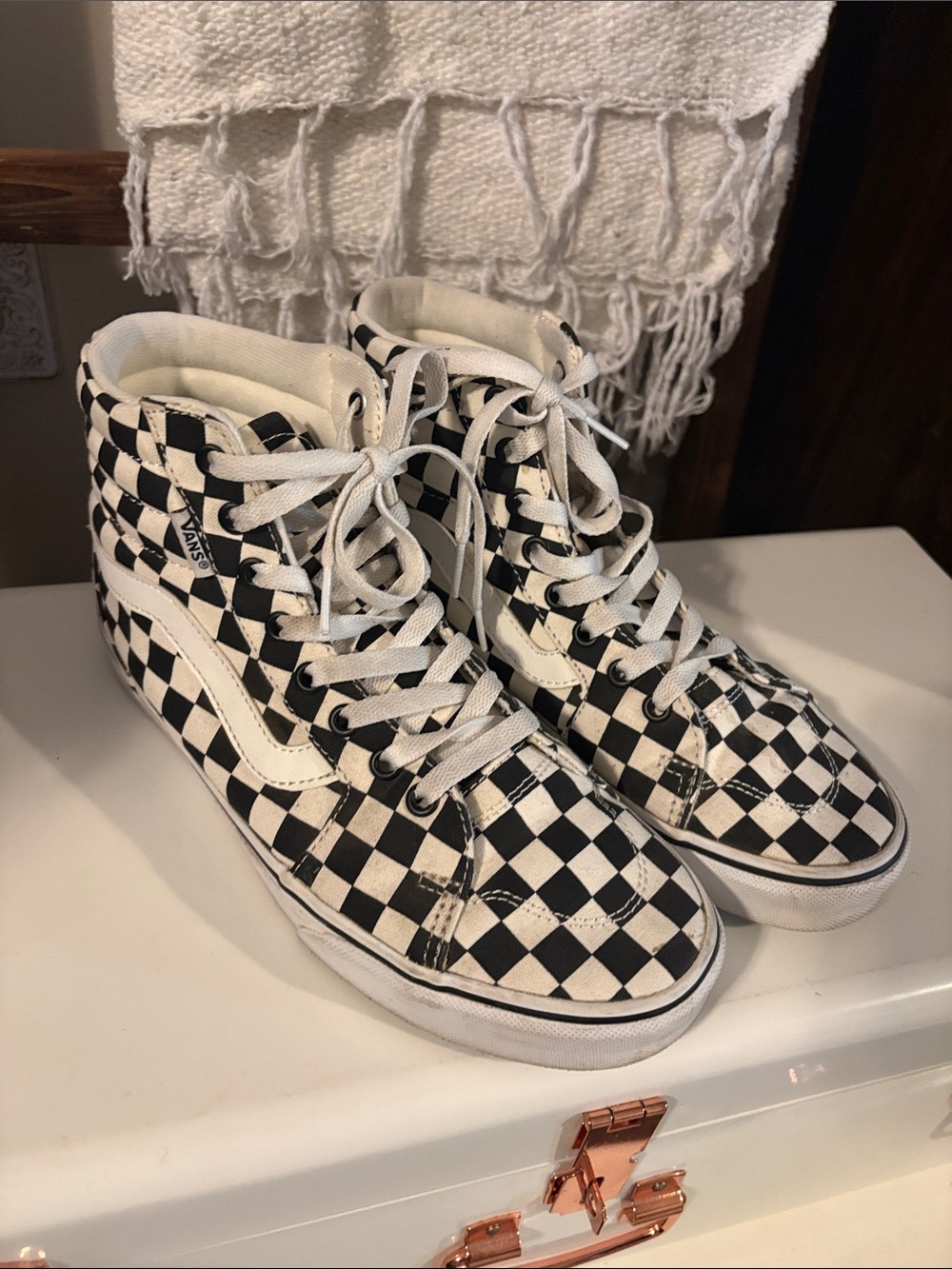 Vans High-Top Checkerboard Sneakers in Black and White